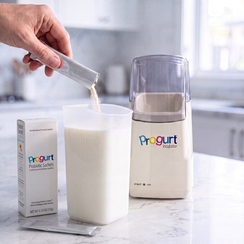 Sachet stirred into milk beside the Progurt Incubator