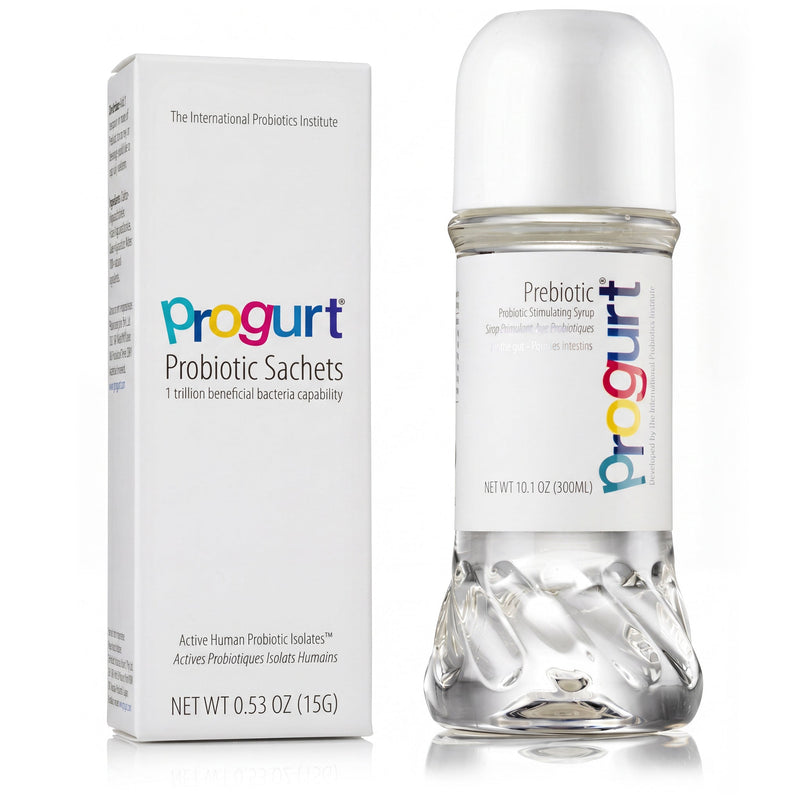 Progurt Foundation bundle — 5-Pack probiotic sachets and Prebiotic syrup grouped on white