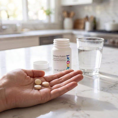 How to use Immuno Protein — hand dosing three tablets beside the jar and water on marble
