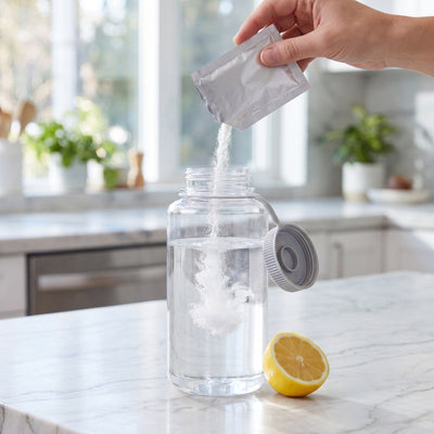 Adding a Progurt pH sachet to lemon water — the Mineralise step of the Gentle Reset